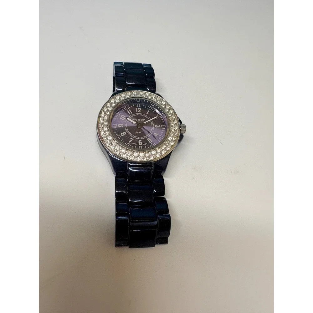 Scoop Quartz Watch Purple Dial Crystal Bezel Navy Link Bracelet Need Battery